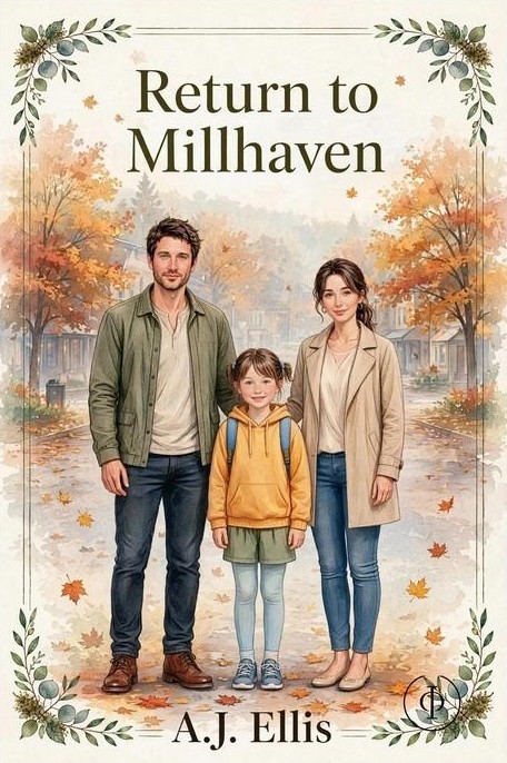 Cover of Return to Millhaven by A.J. Ellis: a watercolor of a family of three on an autumn small-town street